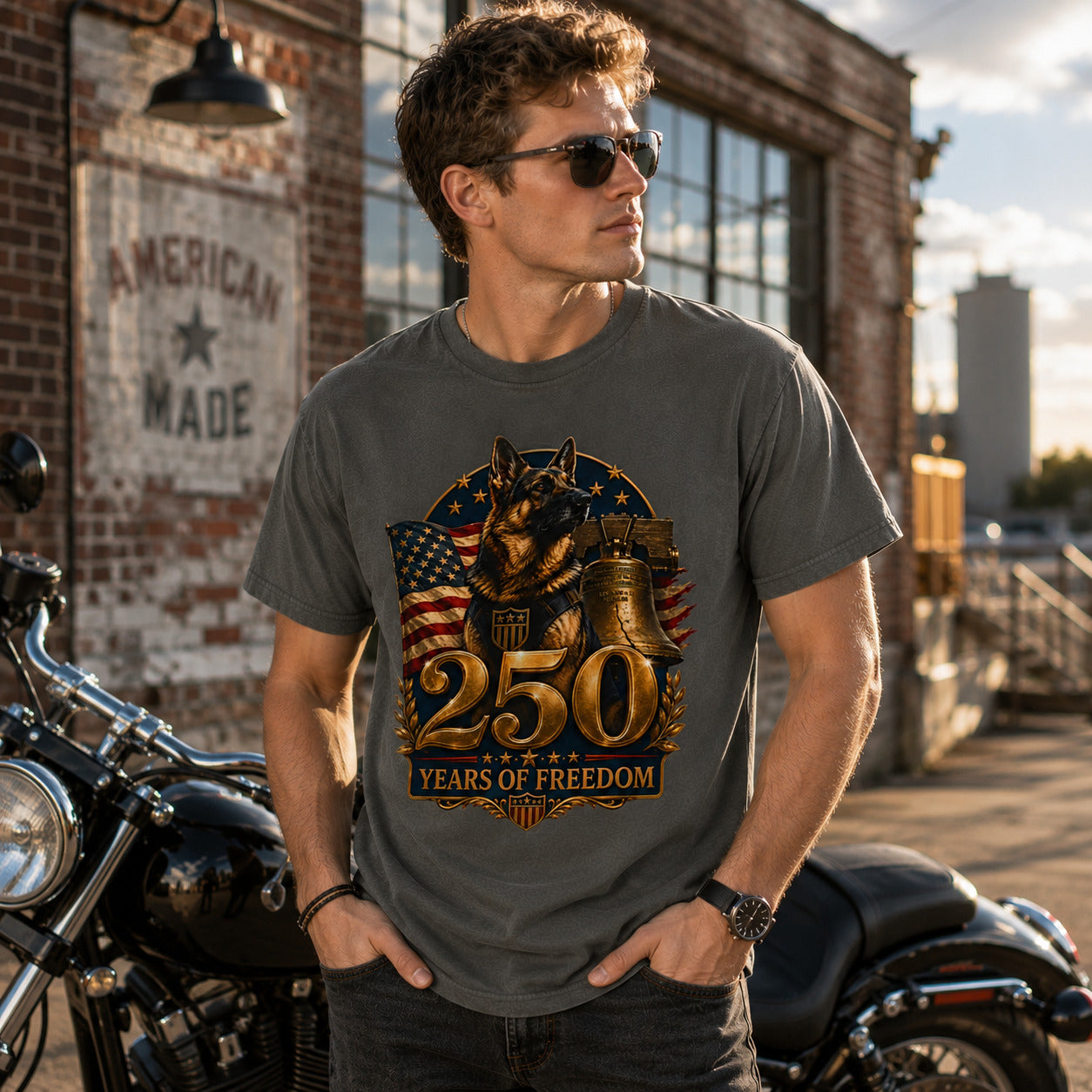 250 Years of Freedom Patriotic T-Shirt β American Flag, Liberty Bell & K9 Tribute