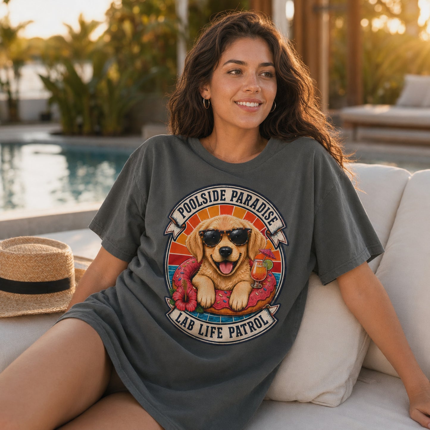 Poolside Paradise T-Shirt | Golden Retriever Puppy Pool Float Tee | Pet Print Lab