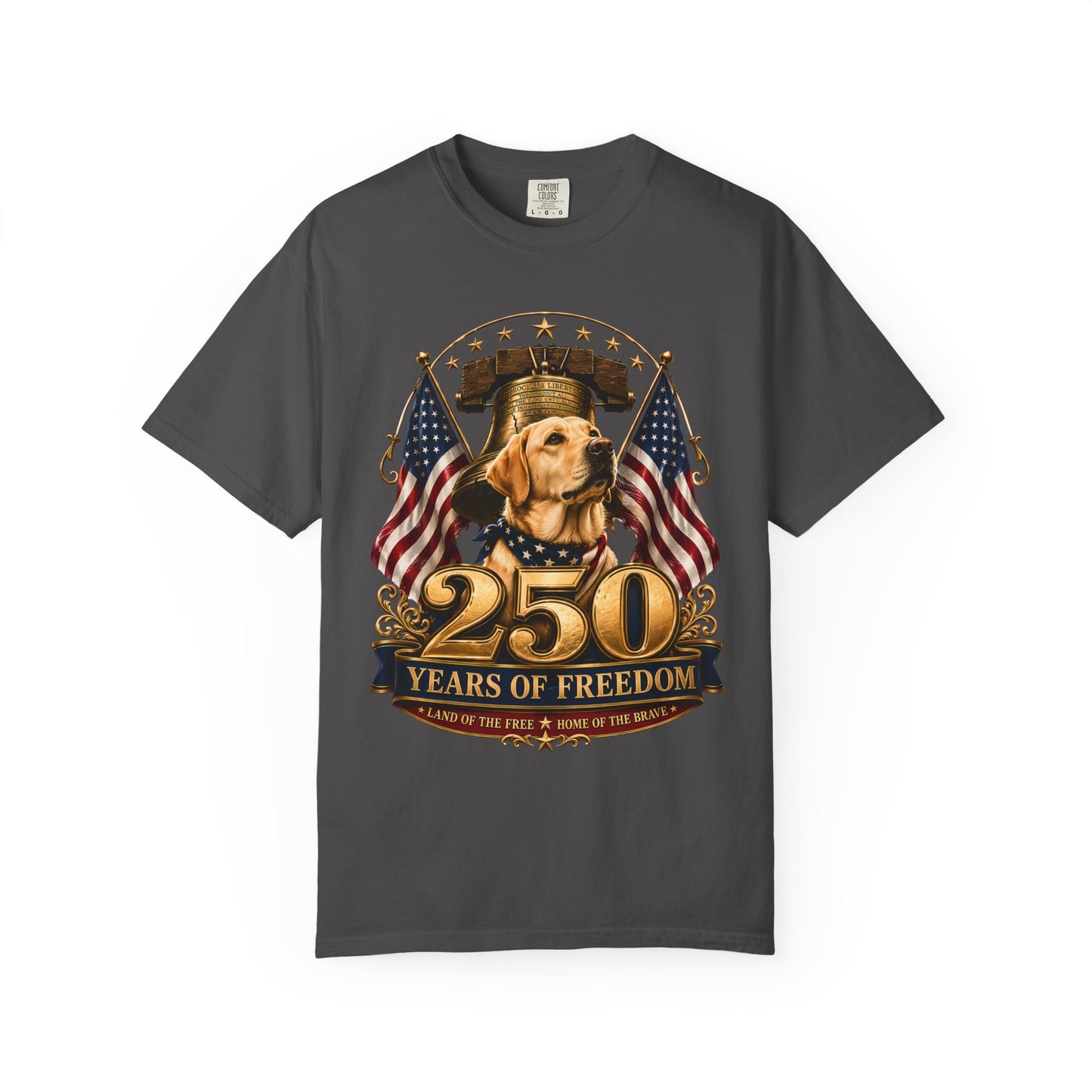 Patriotic 250 Years of Freedom T-Shirt — Golden Labrador & Flags Memorial Tee