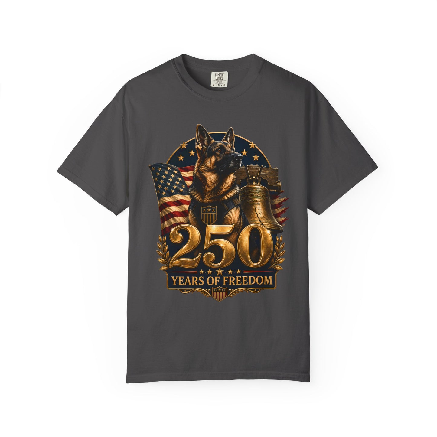 250 Years of Freedom Patriotic T-Shirt — American Flag, Liberty Bell & K9 Tribute