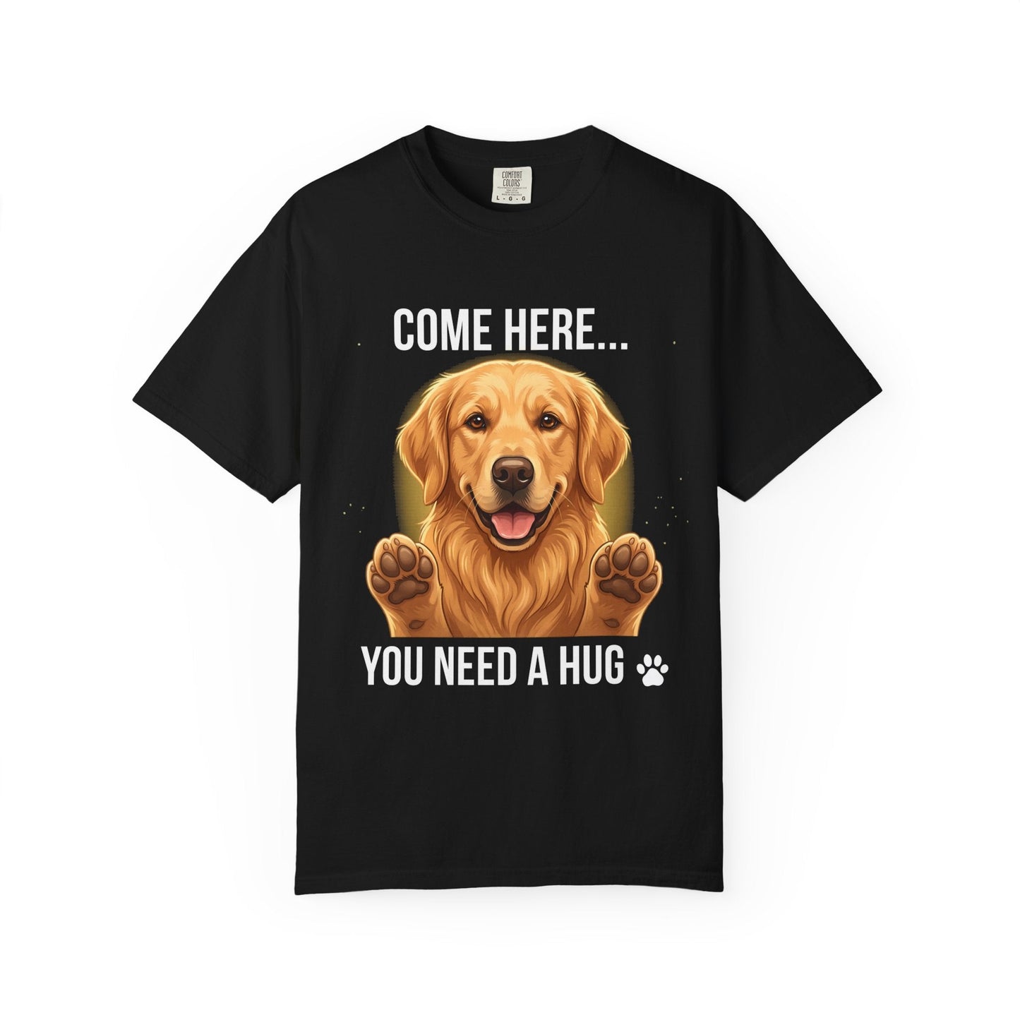 Black Come Here You Need a Hug t-shirt product shot on a clean white background
