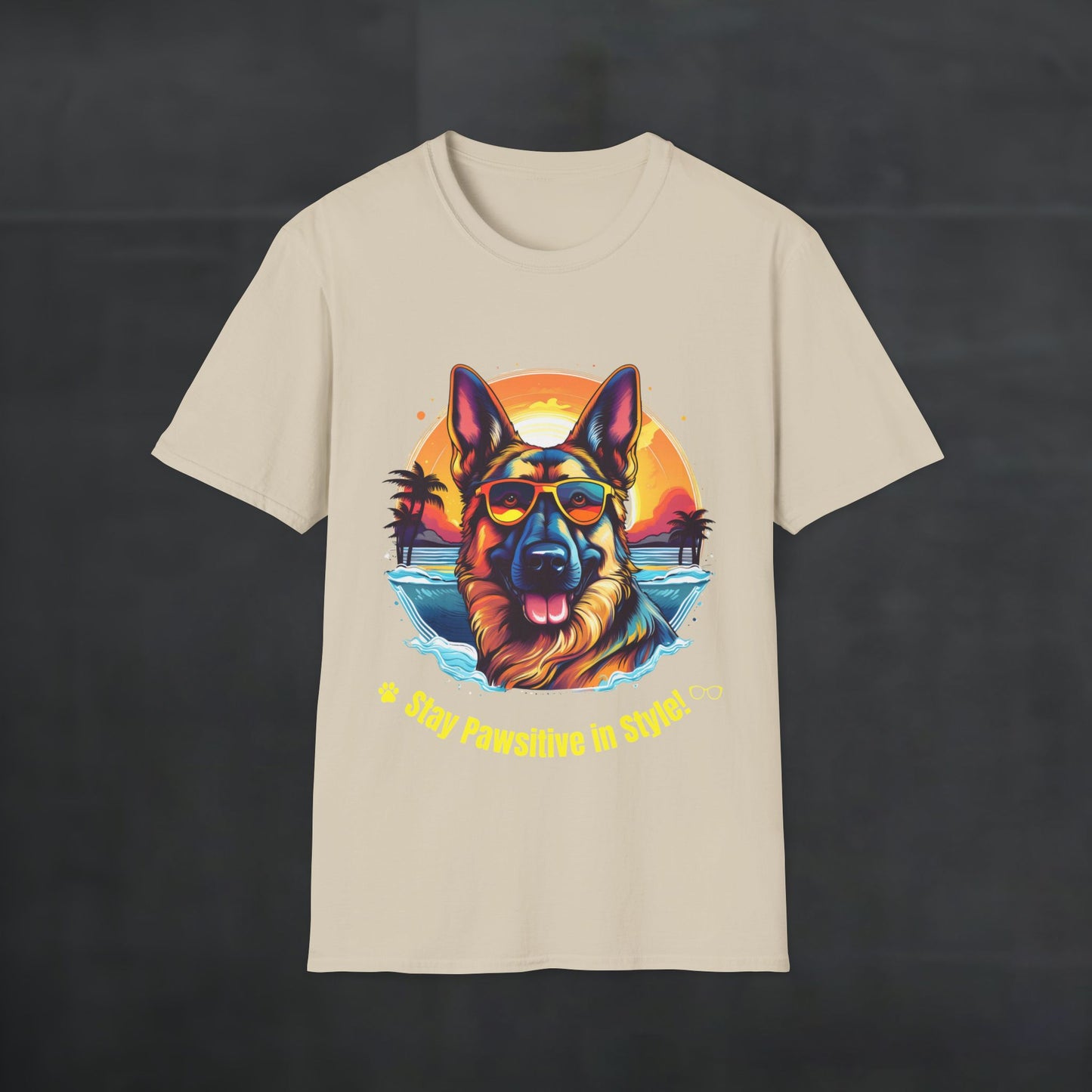 Sand color German Shepherd graphic, T-shirt featuring a vibrant retro sunset beach illustration with sunglasses and the quote “Stay Pawsitive in Style!,” premium dog lover apparel mockup on sand beige tee with colorful tropical artwork.