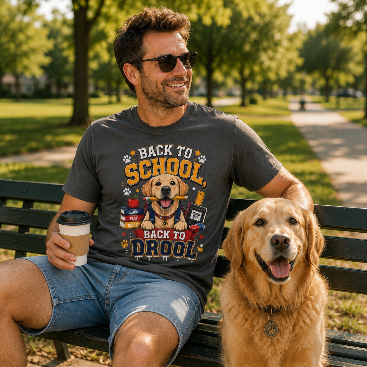 Man sitting on a bench with sunglasses and coffee beside his golden retriever, wearing pepper 'Back to School, Back to Drool' dog t-shirt