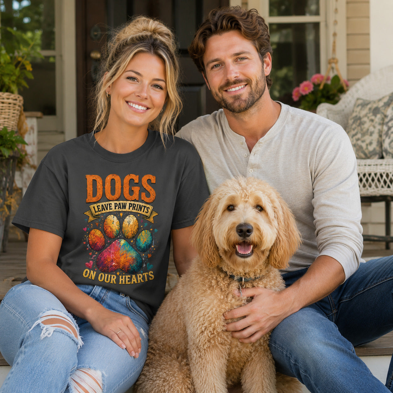 Couple sitting on a porch with their goldendoodle, wearing graphite 'Dogs Leave Paw Prints On Our Hearts' t-shirts