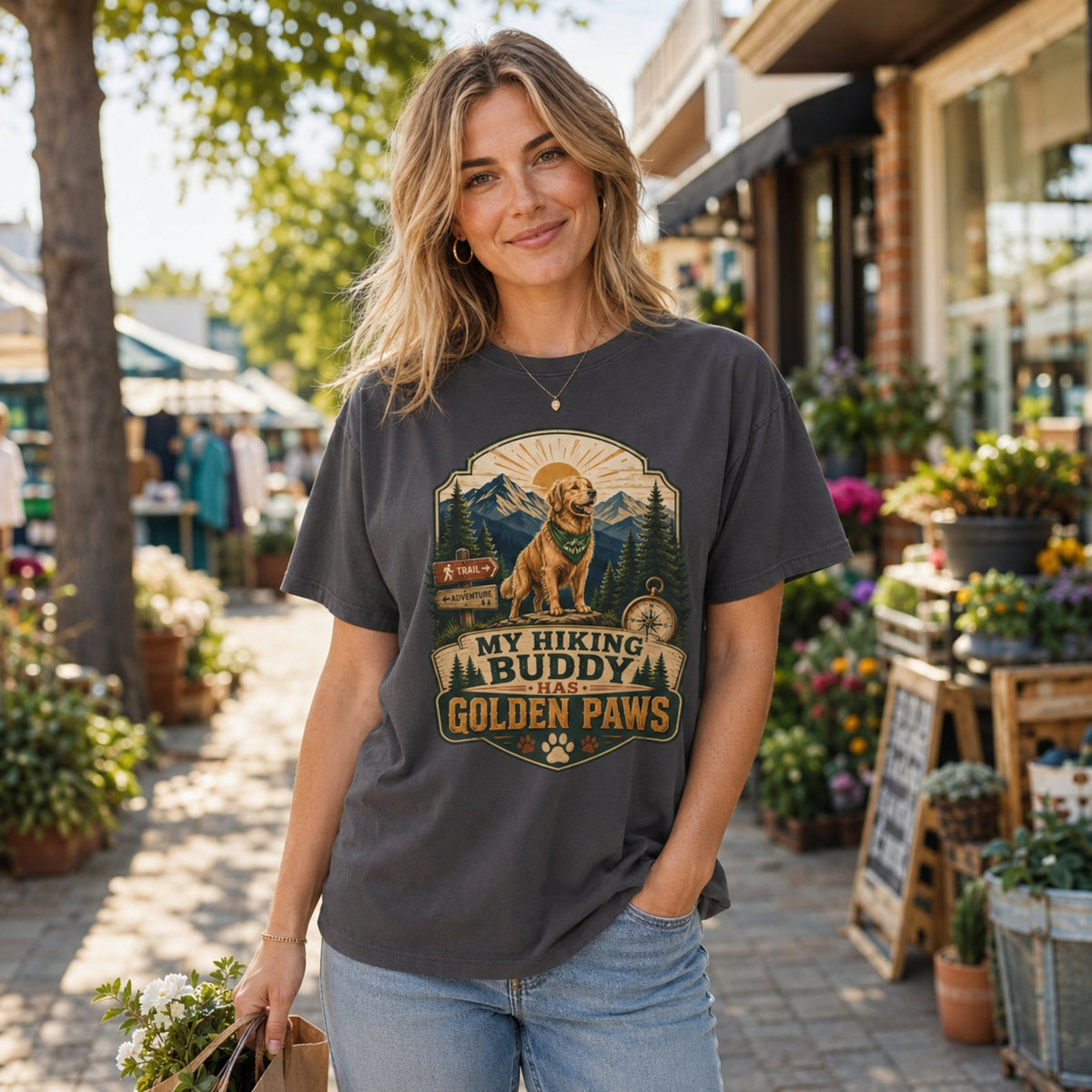 Woman wearing a graphite My Hiking Buddy Has Golden Paws T-shirt at an outdoor farmers market.
