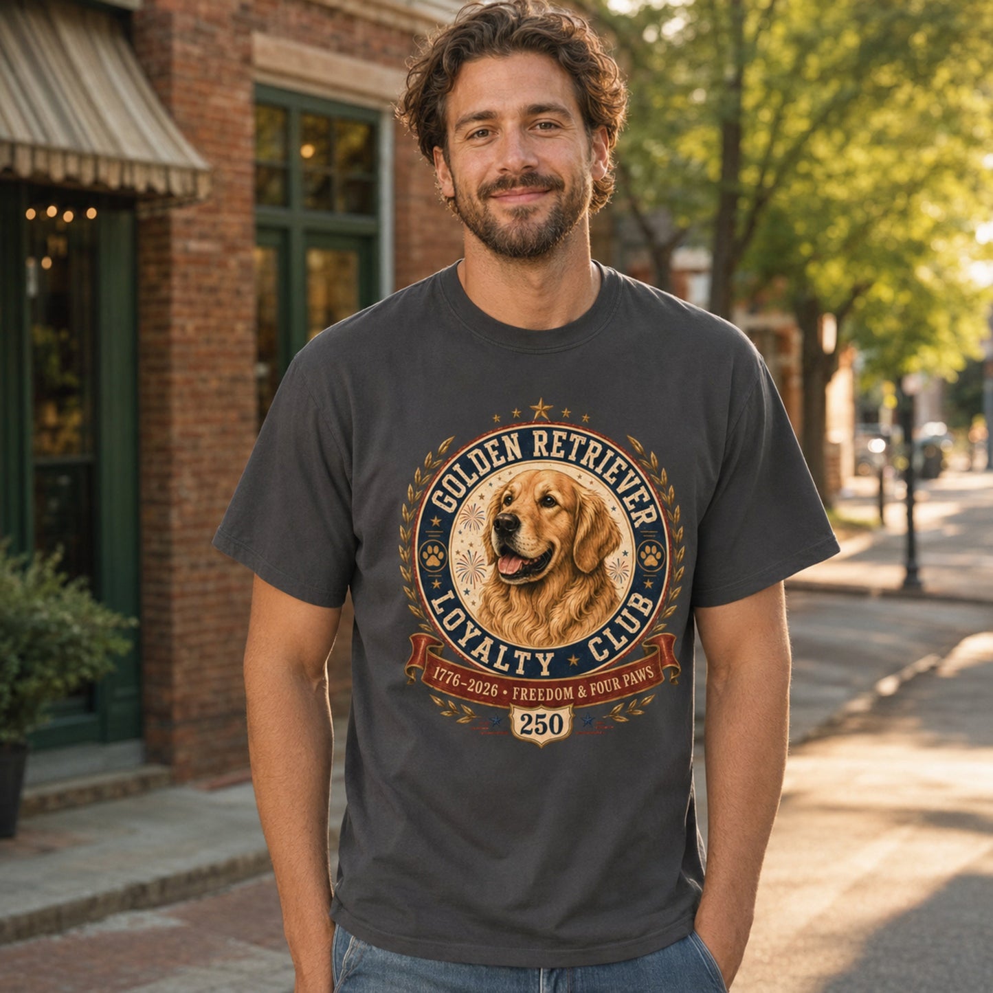 Man wearing a graphite Golden Retriever Loyalty Club T-shirt on a city street.