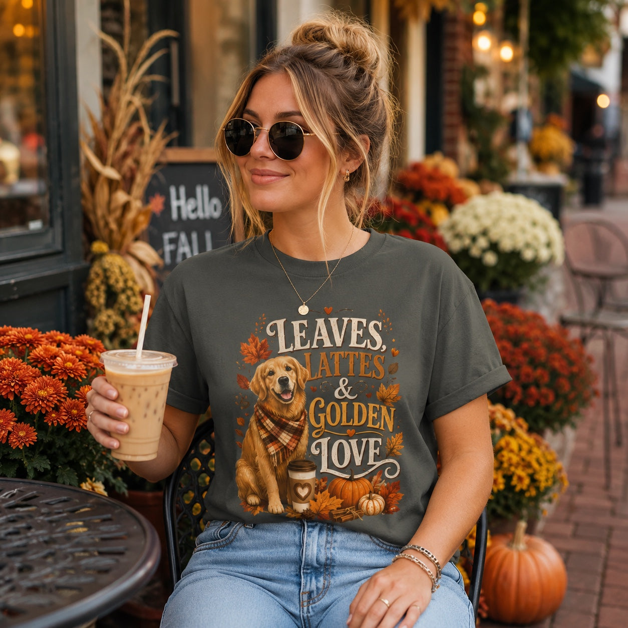 Woman sitting at an outdoor cafe table with iced coffee and sunglasses, wearing pepper 'Leaves Lattes & Golden Love' t-shirt