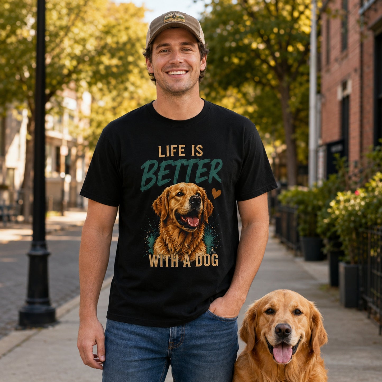 Man wearing a black Life Is Better With A Dog T-shirt and cap on a street with a golden retriever.