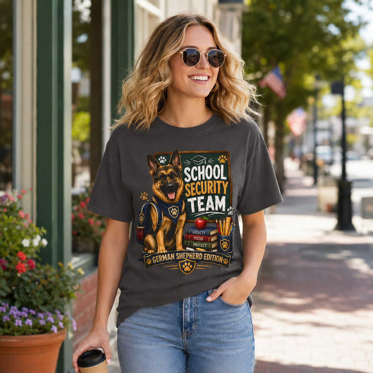 Woman walking down a sidewalk with sunglasses, wearing graphite 'School Security Team' German Shepherd t-shirt