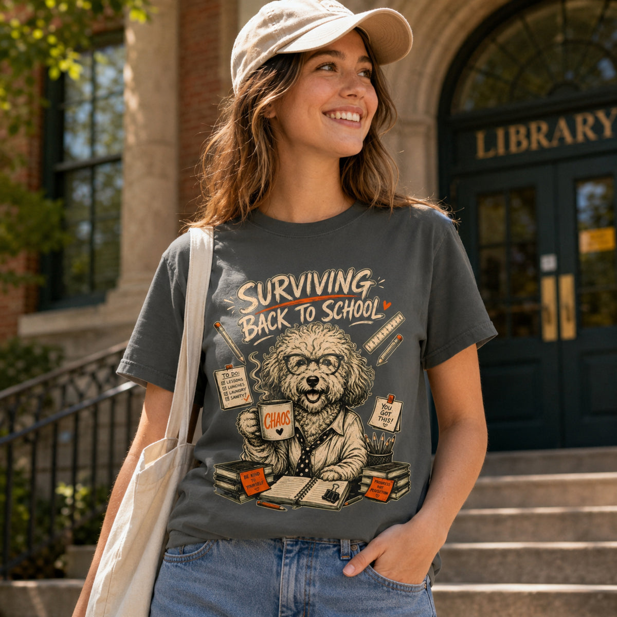 Woman wearing a pepper Surviving Back to School dog teacher T-shirt outside a library.