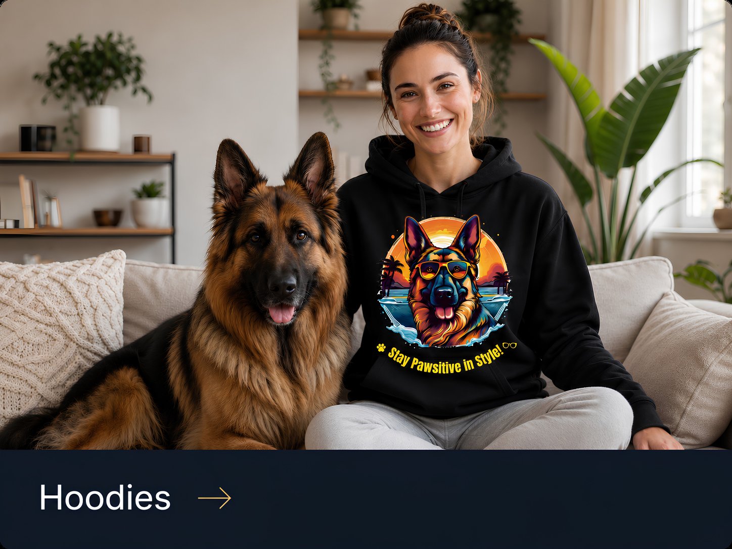 Black German Shepherd hoodie for dog lovers worn by a woman sitting with a long coat German Shepherd dog