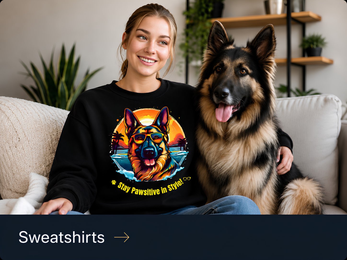 Black German Shepherd sweatshirt for dog lovers worn by a woman sitting with a long coat German Shepherd dog