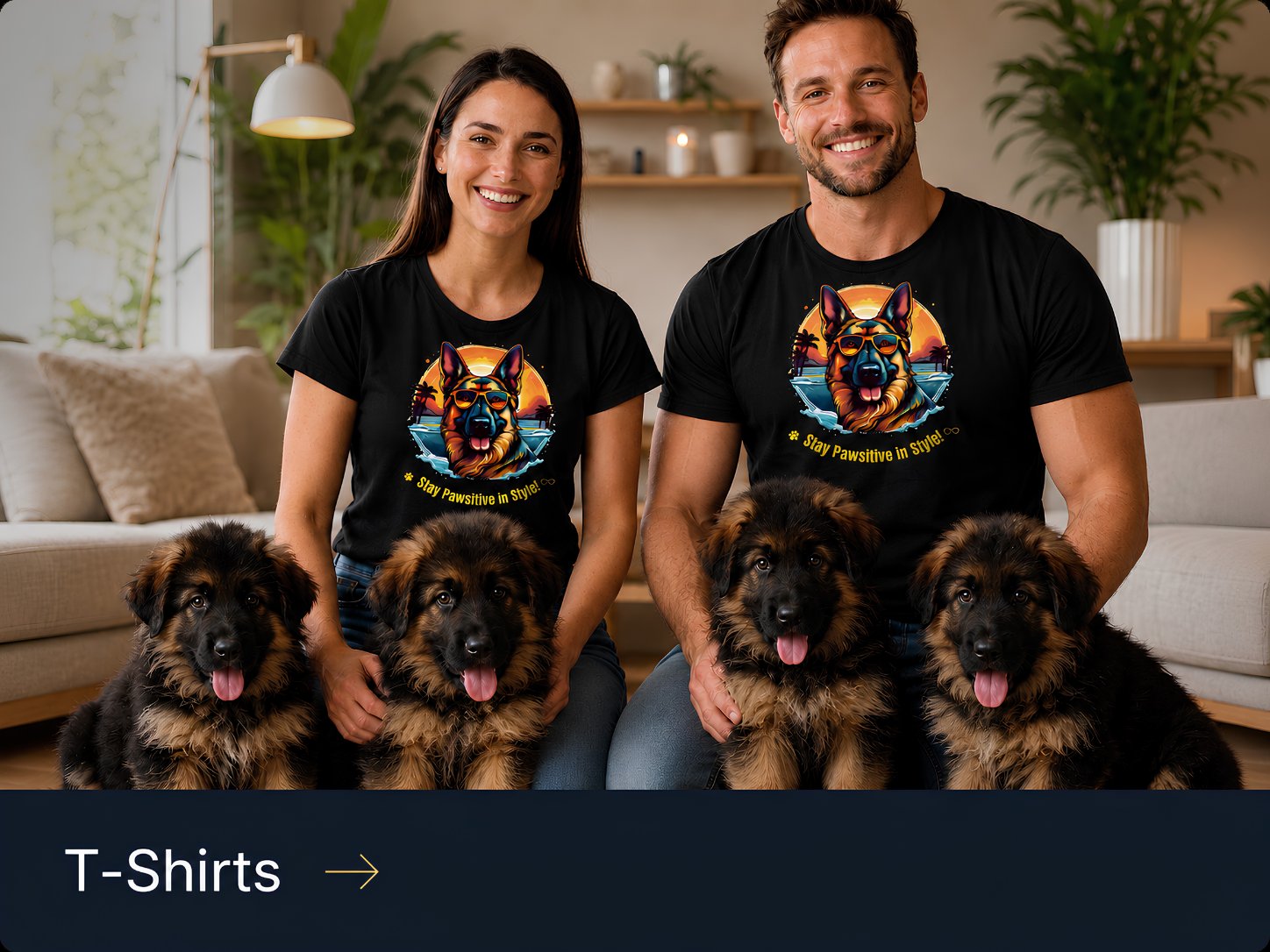 German Shepherd T-shirts for dog lovers worn by a smiling couple with long coat German Shepherd puppies