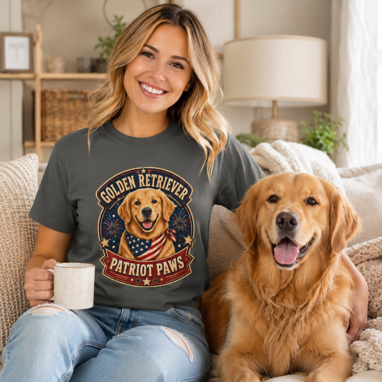 Golden Retriever Patriot Paws T-Shirt | American Flag Bandana Dog Tee | Pet Print Lab