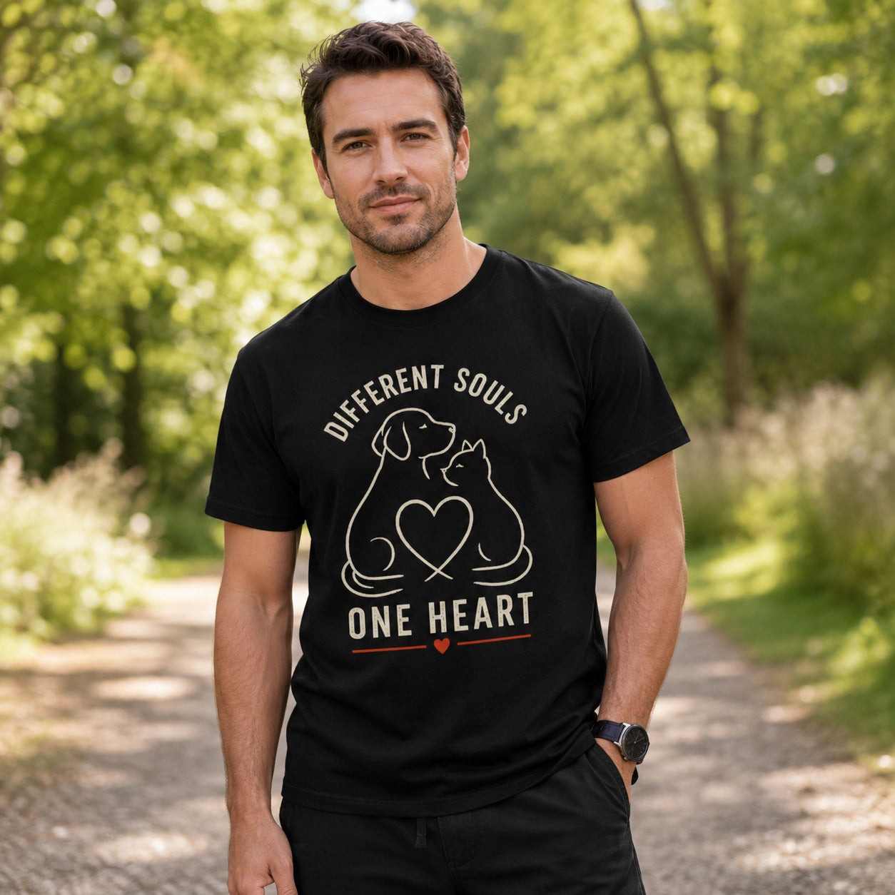 Different Souls One Heart T-Shirt | Dog & Cat Lover Tee | Pet Print Lab