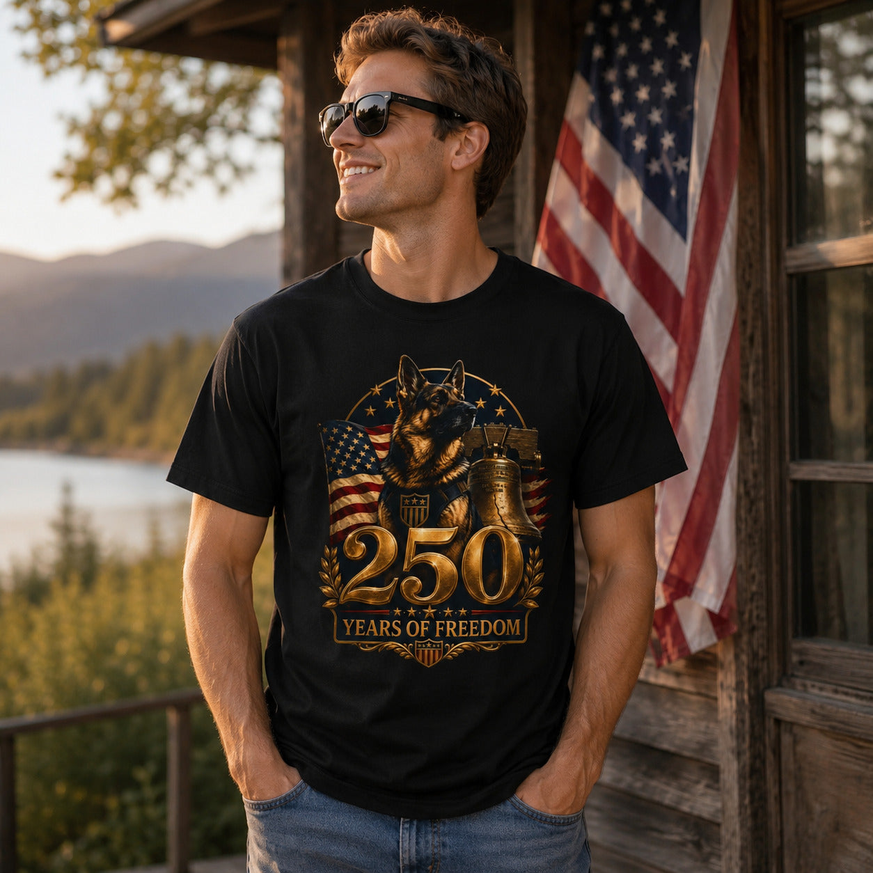 250 Years of Freedom Patriotic T-Shirt — American Flag, Liberty Bell & K9 Tribute