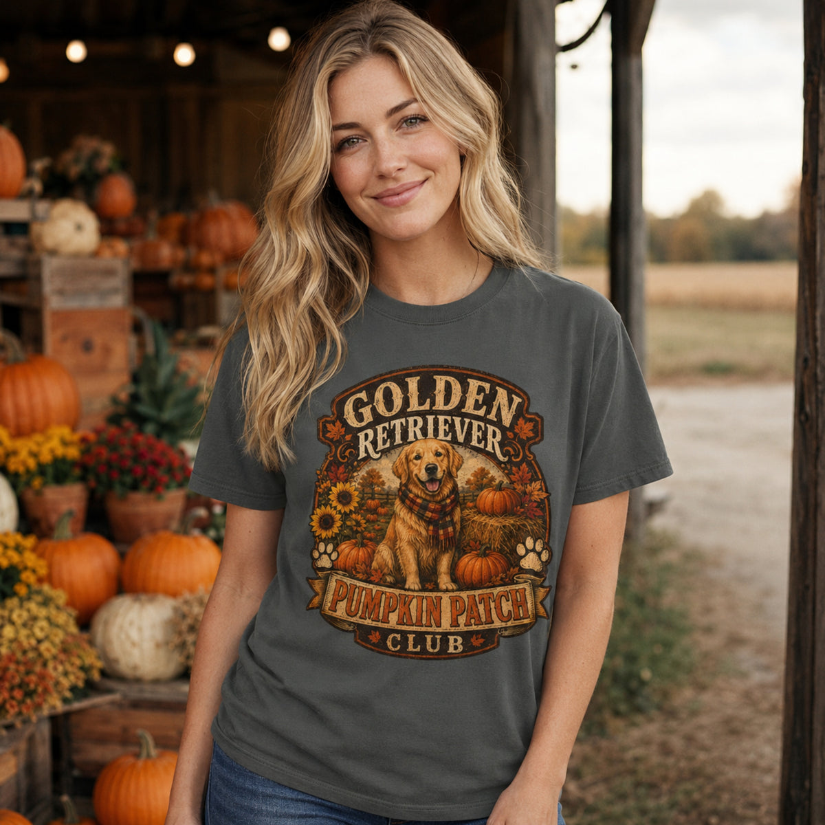 Model wearing a pepper Golden Retriever Pumpkin Patch t-shirt with a Golden Retriever at a pumpkin patch