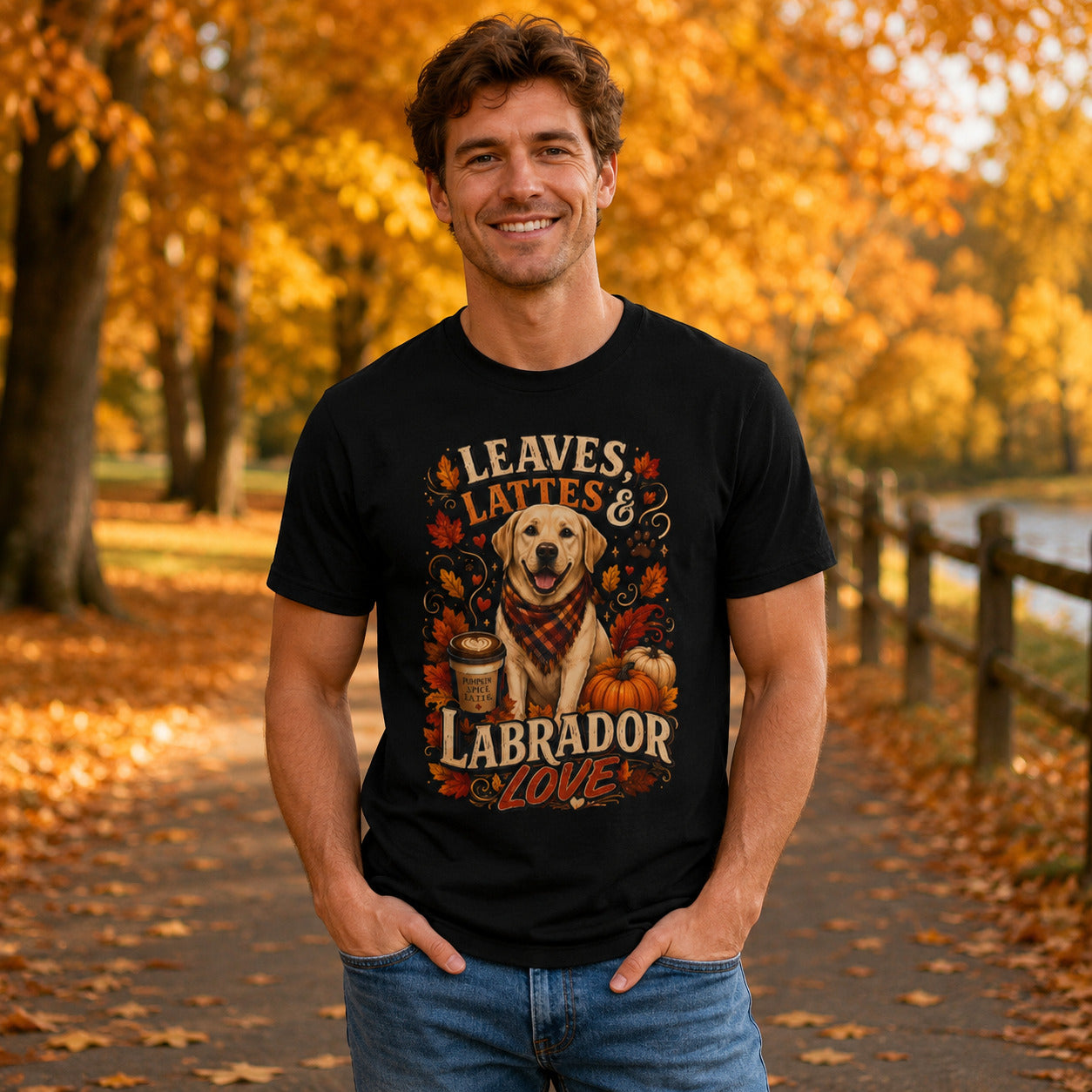 Man wearing black autumn Labrador dog tee walking a leaf-covered path