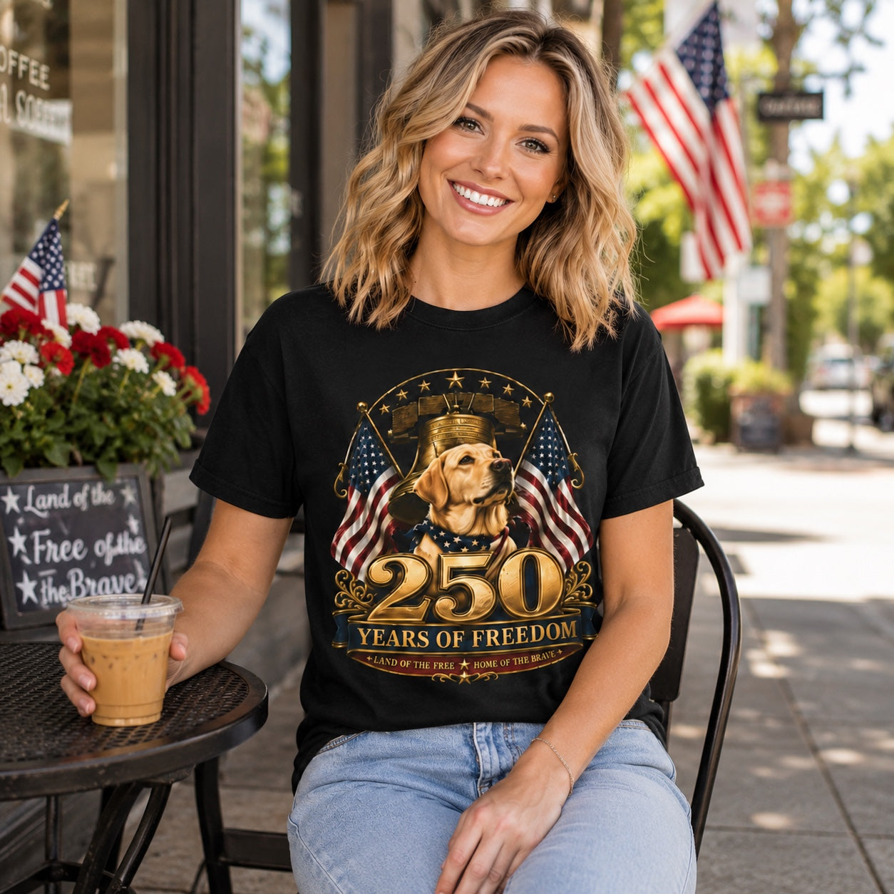 Woman in a black golden Labrador flag t-shirt sitting at an outdoor cafe table