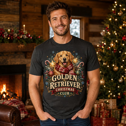 Model wearing a graphite Christmas Club t-shirt with a Golden Retriever in a Christmas scene