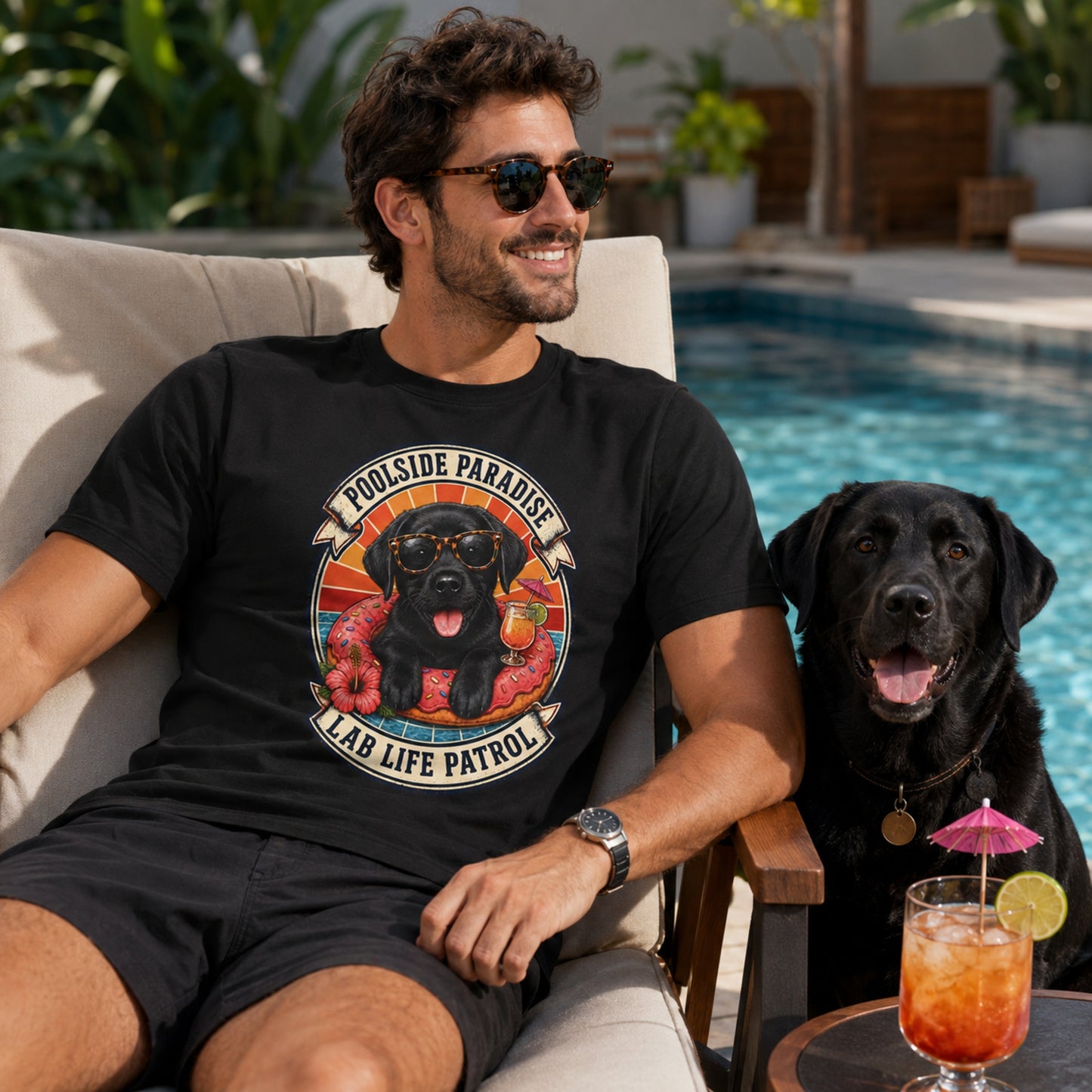Poolside Paradise T-Shirt | Black Labrador Puppy Pool Float Tee | Pet Print Lab