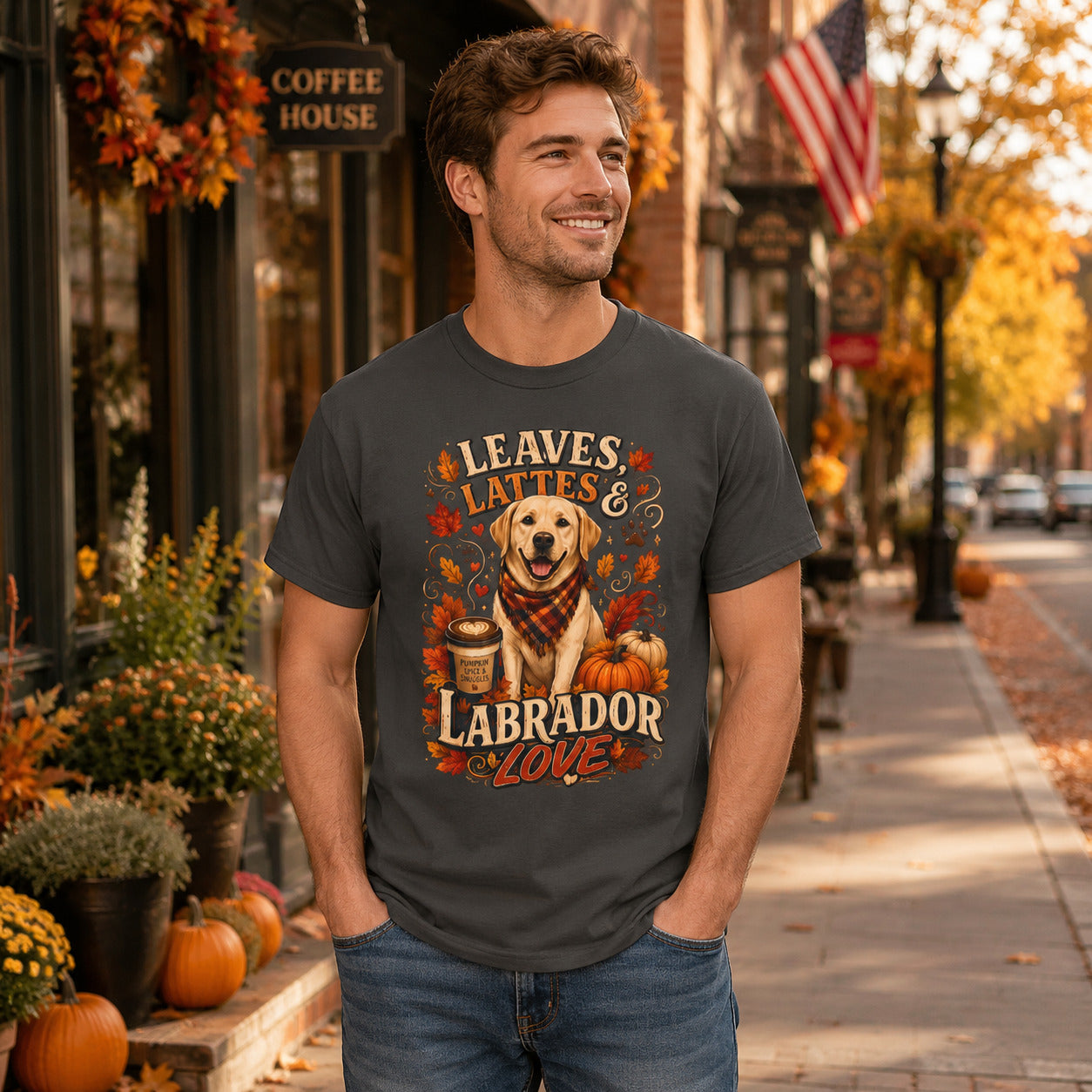 Man wearing graphite Labrador Love autumn dog tee outside a fall coffee shop