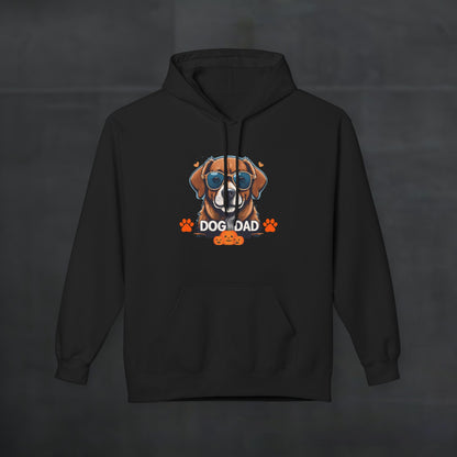 Black hoodie mockup featuring a colorful dog face graphic with “Dog Dad” text, stylish pet lover hoodie design with bold orange and blue accents on a dark background.