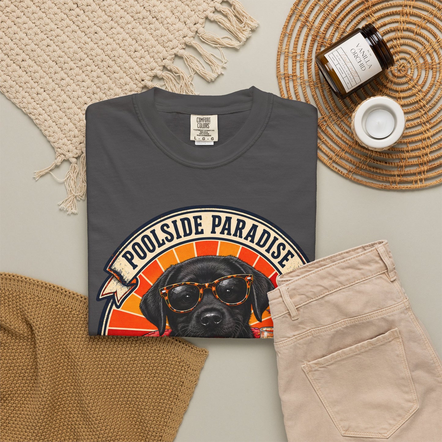 Poolside Paradise Lab Life Petrol - Black Labrador Unisex Garment-Dyed T-shirt