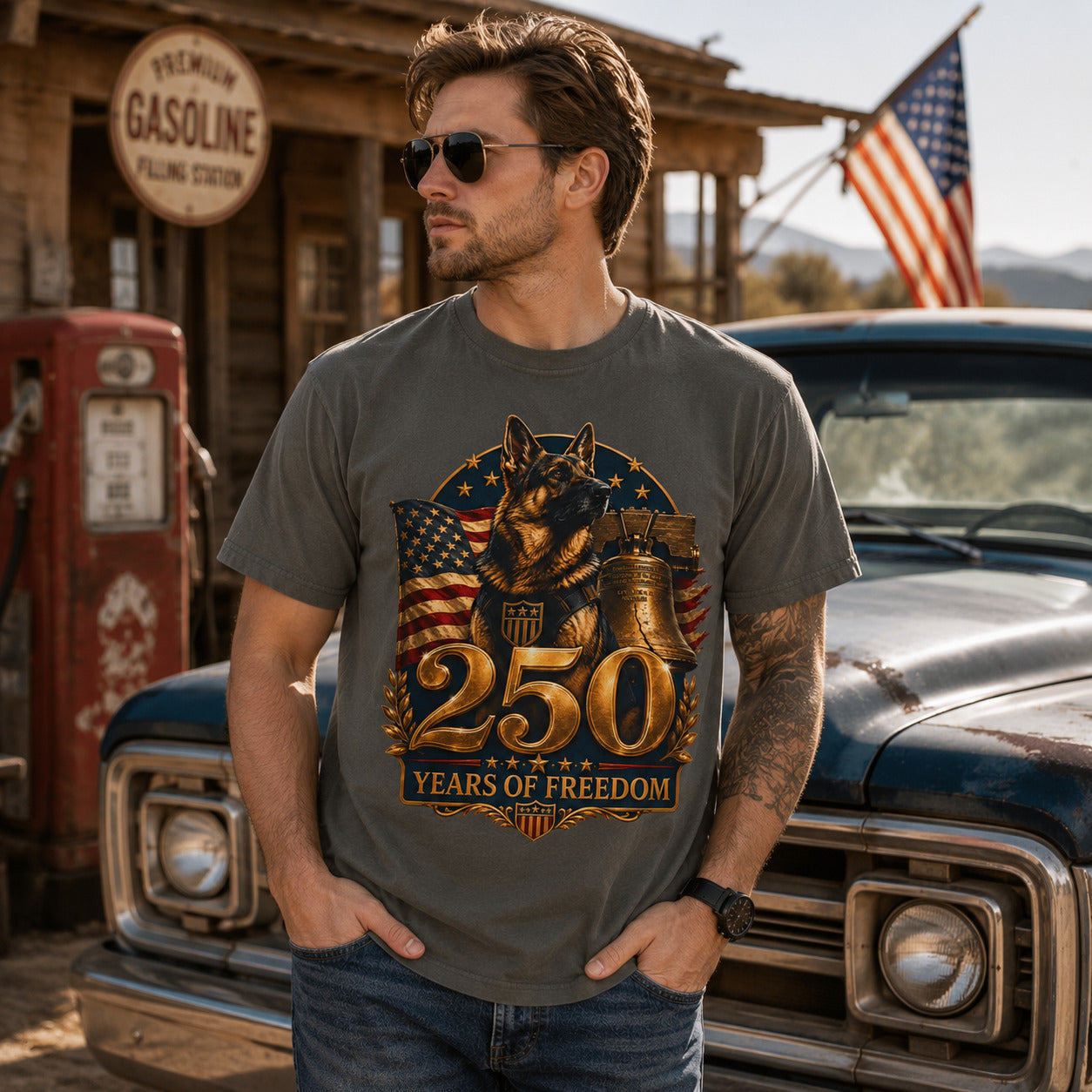 250 Years of Freedom Patriotic T-Shirt — American Flag, Liberty Bell & K9 Tribute