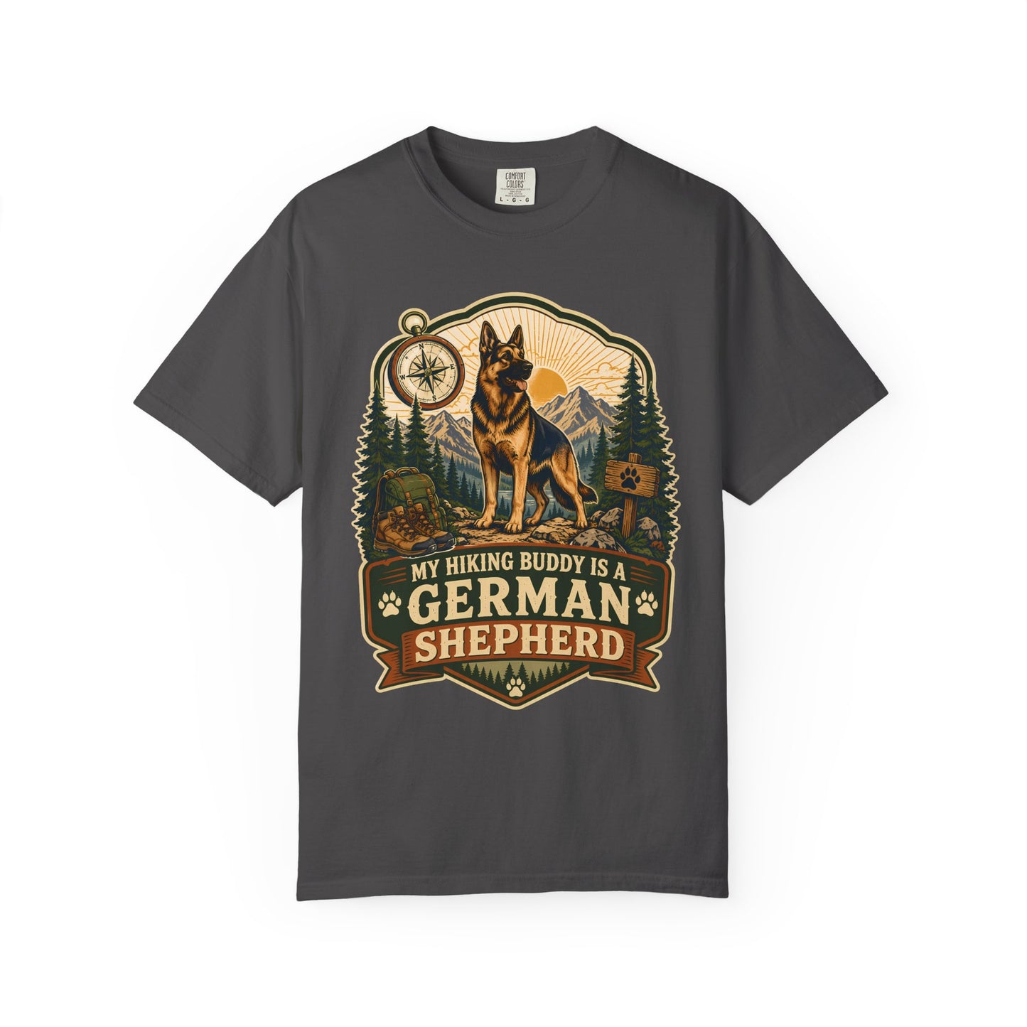 My Hiking Buddy Is A German Shepherd T-Shirt — Outdoor Dog Lover Tee