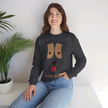 Woman modeling a dark heather unisex heavy blend crewneck sweatshirt with cute “Cool Dog” artwork and relaxed fit.