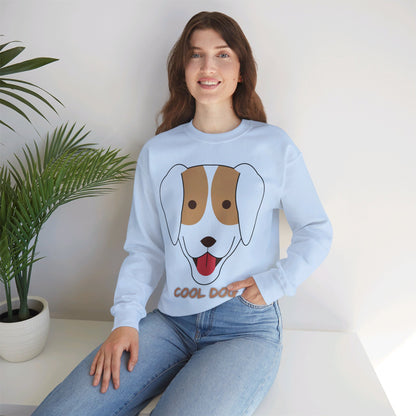 Woman posing in a light blue unisex heavy blend crewneck sweatshirt featuring cute “Cool Dog” dog illustration and casual cozy styling.