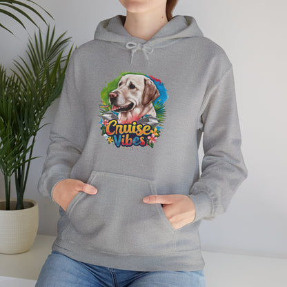 Woman modeling a sport grey unisex heavy blend hooded sweatshirt with colorful Labrador graphic and retro cruise-inspired design.
