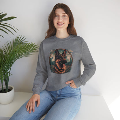 Woman posing in a sport grey unisex German Shepherd crewneck sweatshirt with colorful dog lover graphic and casual comfort design.