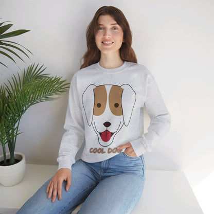 Woman modeling an ash unisex heavy blend crewneck sweatshirt featuring cute “Cool Dog” dog artwork and relaxed everyday comfort.