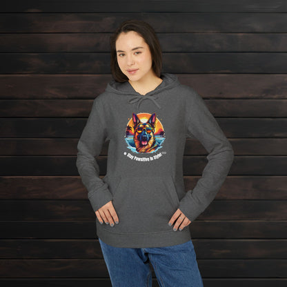 Woman modeling a Dark Grey Heather adidas® unisex fleece hoodie with colorful dog lover artwork against a dark wooden wall background.