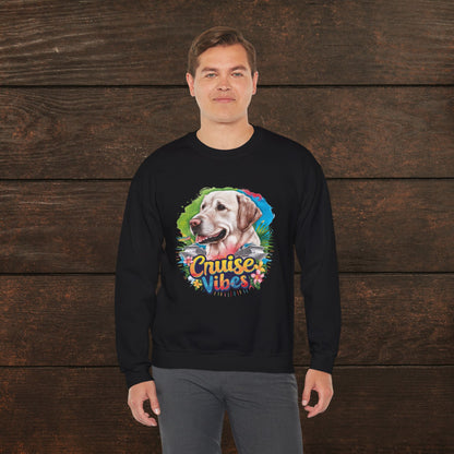 Man wearing a black unisex heavy blend crewneck sweatshirt with vibrant Labrador cruise-themed graphic and everyday comfort style.