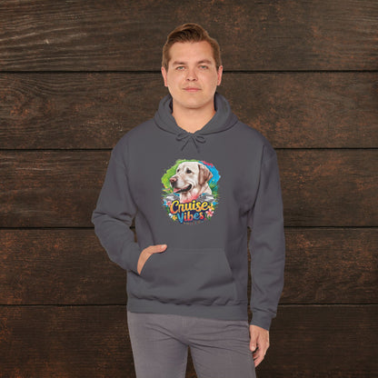 Man wearing a dark heather unisex heavy blend hooded sweatshirt featuring colorful Labrador artwork and retro cruise-inspired pet lover design.