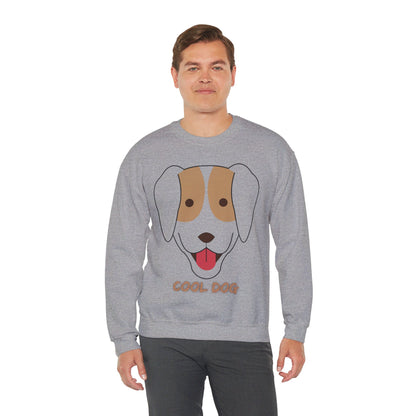 Man posing in a sport grey unisex heavy blend crewneck sweatshirt with playful dog lover illustration and everyday comfort fit.