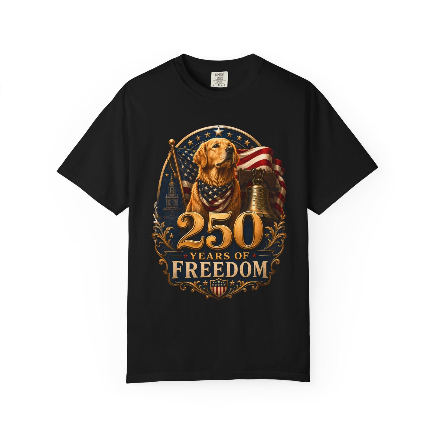 T-Shirt — 250 Years of Freedom Patriotic Dog Tee (American Flag, Liberty Bell)