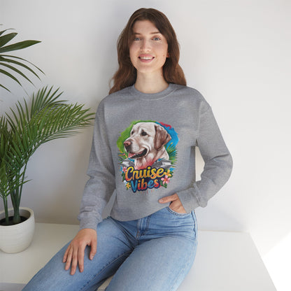 Woman posing in a sport grey unisex heavy blend crewneck sweatshirt featuring colorful Labrador cruise artwork and casual comfort fit.