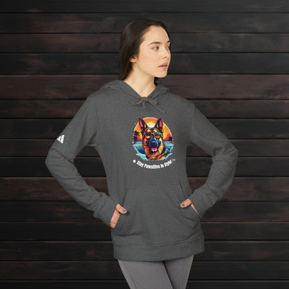 Woman wearing a Dark Grey Heather adidas® unisex fleece hoodie with vibrant dog graphic and inspirational pet lover design.
