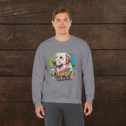 Man posing in a graphite heather unisex heavy blend crewneck sweatshirt with vibrant Labrador cruise-themed illustration and casual comfort style.