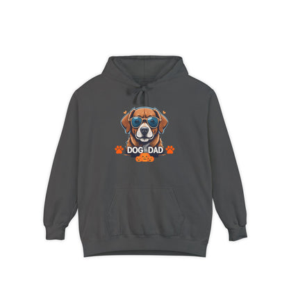 Pepper unisex “Dog Dad” hoodie mockup featuring a vibrant sunglasses dog graphic with orange paw accents, trendy pet lover hoodie with a darker premium look.