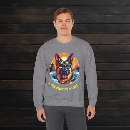 Man posing in a graphite heather unisex heavy blend crewneck sweatshirt with bold German Shepherd illustration and casual comfort fit.