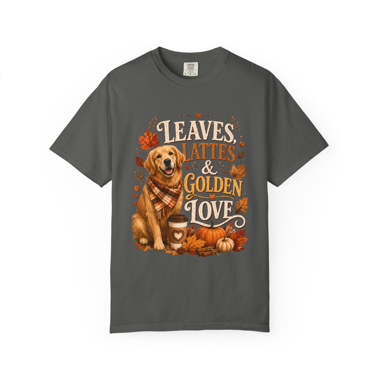 Leaves Lattes & Golden Love T-Shirt — Cute Fall Golden Retriever Tee