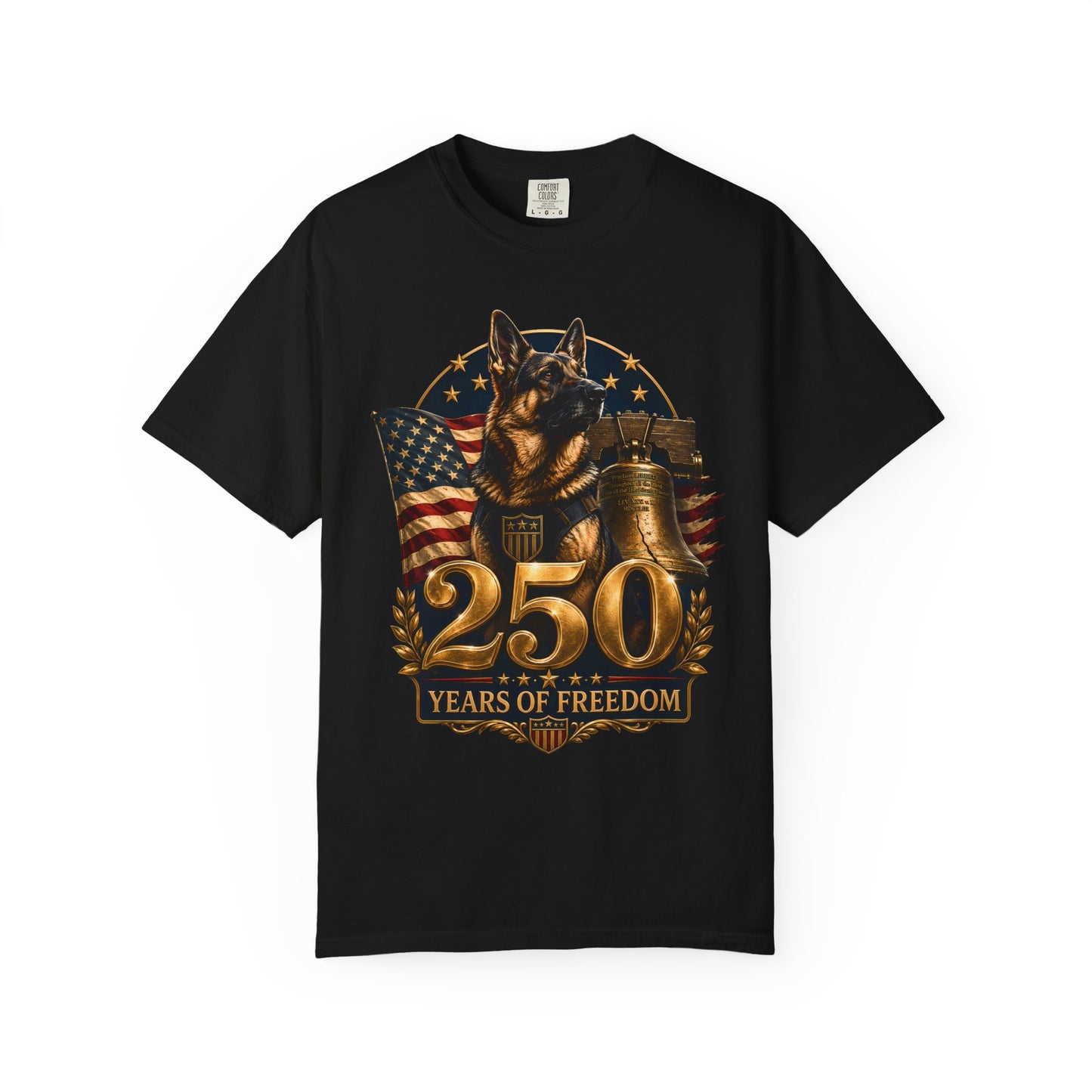 250 Years of Freedom Patriotic T-Shirt — American Flag, Liberty Bell & K9 Tribute