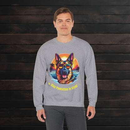 Man modeling a sport grey unisex heavy blend crewneck sweatshirt with detailed German Shepherd artwork and comfortable everyday fit.