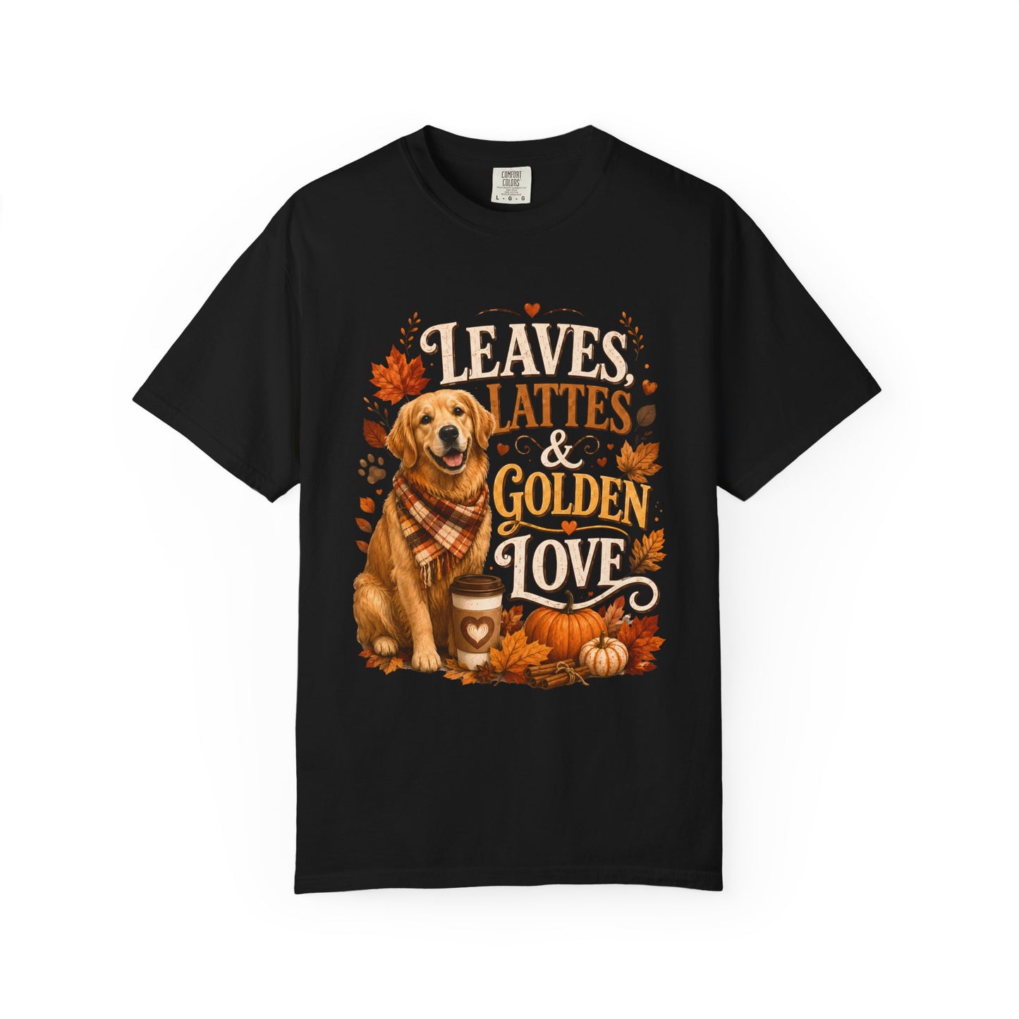 Leaves Lattes & Golden Love T-Shirt — Cute Fall Golden Retriever Tee