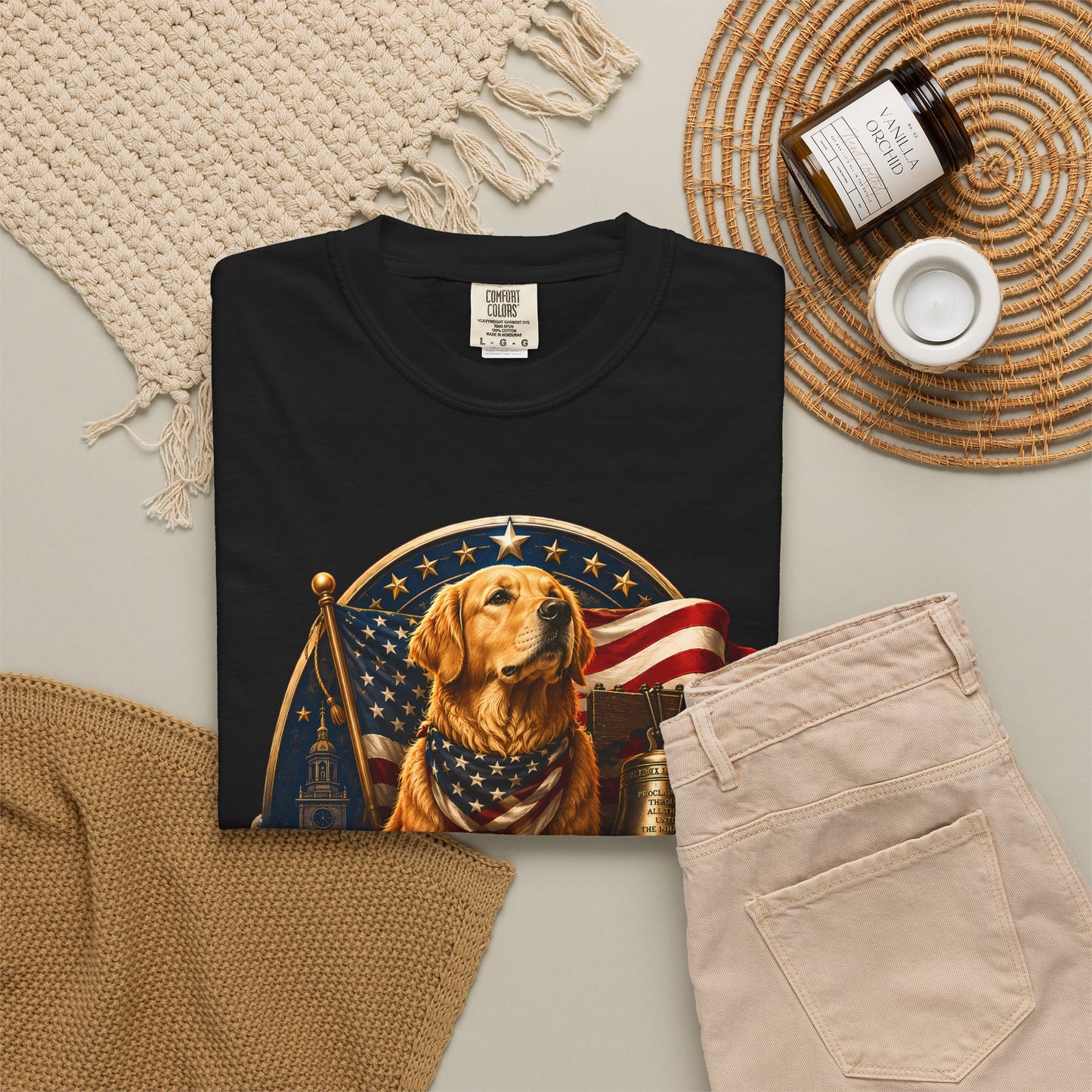 T-Shirt — 250 Years of Freedom Patriotic Dog Tee (American Flag, Liberty Bell)